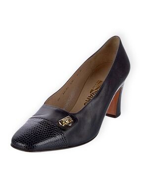 Vintage SALVATORE FERRAGAMO Square-Toe‎ Black Leather Heels